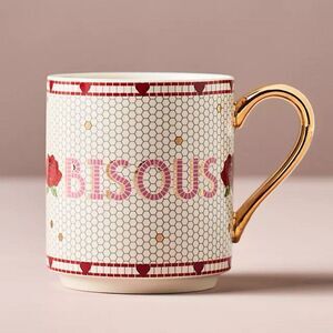 Anthropologie Bistro Tile Valentine’s Mug BISOU Stoneware Coffee Cup Rose Heart